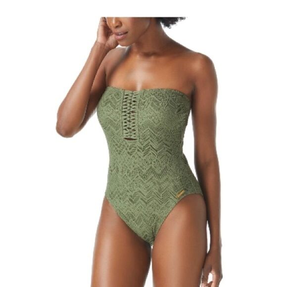 VINCE CAMUTO Crochet Bandeau One-Piece Swimsuit safari green New 8 - Picture 9 of 16